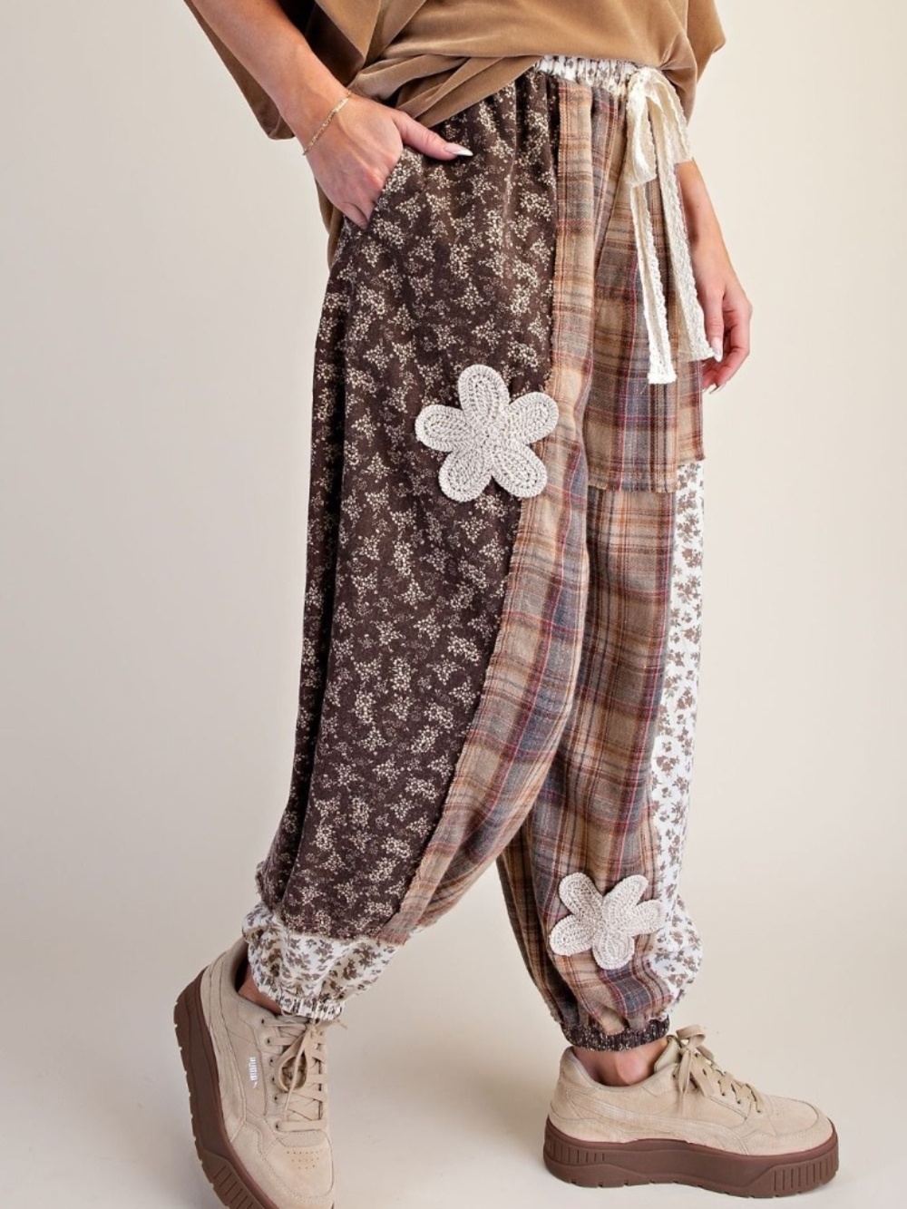 New Easel Los Angeles Jogger Pants Plaid Floral Oversized Baggy Fit Mixed Media